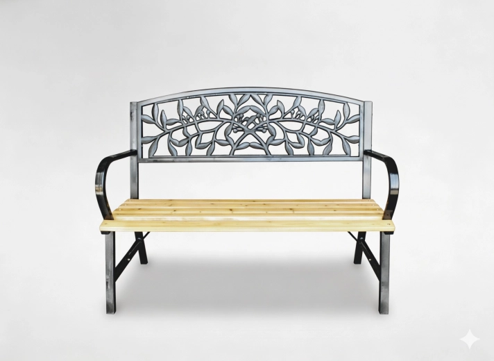 Kerti pad 120 × 56 × 89 cm, fa és acél, levélminta