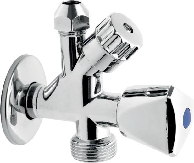 Kombinált sarokszelep mosógéphez visszacsapó szeleppel 3/8" x 1/2" x 3/4"