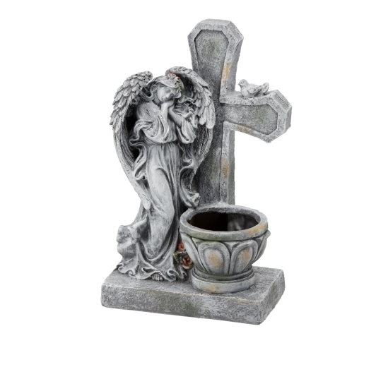 Angyal szobor kereszttel és virágtartóval 21,5 × 14 × 35,5 cm