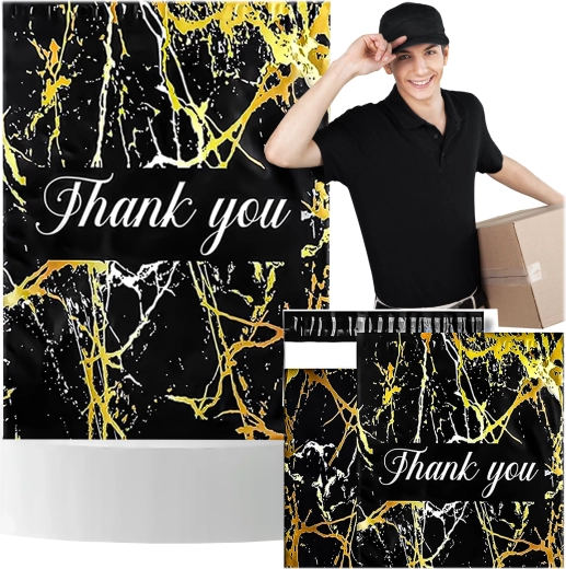 Futárfólia tasak 255 × 370 mm, arany márvány minta és Thank You felirat, 50 db
