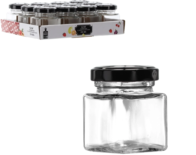 Négyzet alakú 50 ml-es üvegcse fekete fém csavaros fedéllel – 1 darab