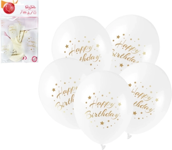 Fehér latex lufik Happy Birthday arany felirattal 28 cm, 5 db