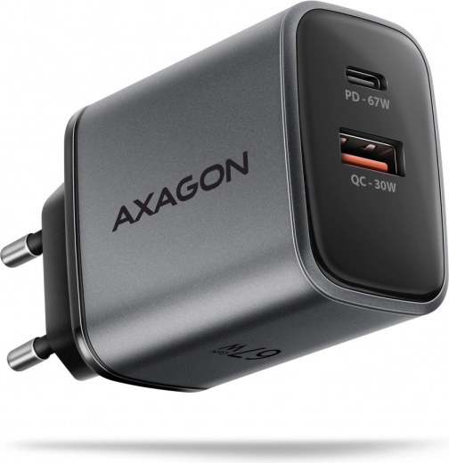 Hálózati töltő AXAGON GaN 67W USB‑C Power Delivery és USB‑A Quick Charge, 2 port