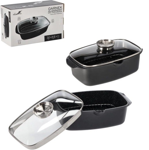 Alumínium tepsi 32 × 21,5 × 11 cm üvegfedővel
