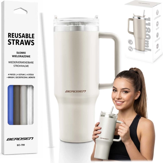 Berdsen vákuumos termoszbögre 1180 ml szívószálkészlettel, krémszínű