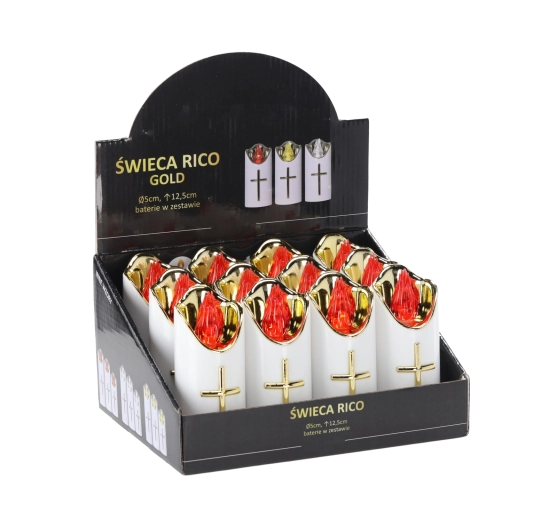 Rico LED gyertya 12,5 cm fehér és arany, piros lánggal