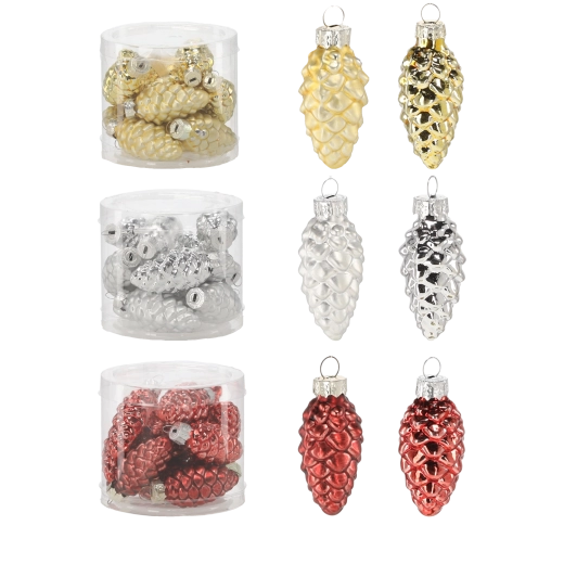 Üveg karácsonyi díszek – tobozok, 12 db-os készlet