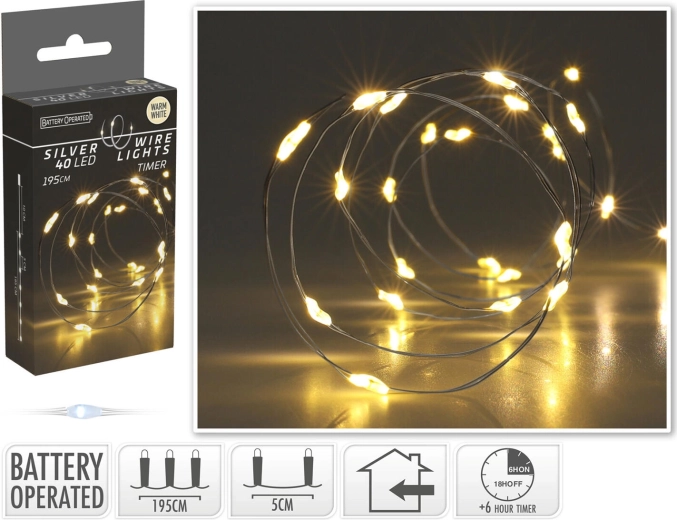 Karácsonyi LED fényfüzér 1,95 m, meleg fehér, dróton