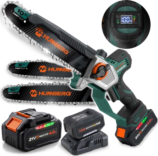Humberg HM-437 akkumulátoros láncfűrész 21 V 4,0 Ah, 10" és 8" vezetőlemezzel