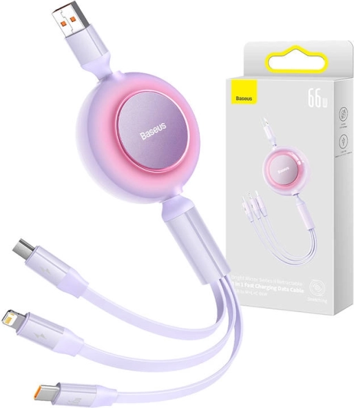 Baseus Bright Mirror 3 USB kábel 3 az 1-ben micro USB‑hez, USB‑C‑hez és Lightninghez 66W 1,1 m – Lila