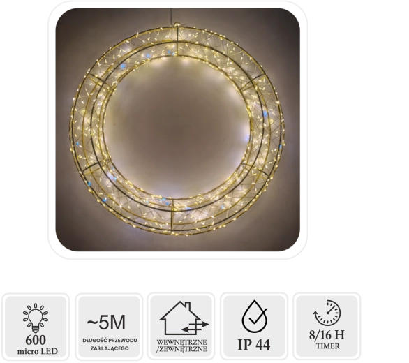 Karácsonyi LED koszorú 40 cm, 600 mikro LED, meleg fehér hideg villanással, beltéri és kültéri használatra – 1 db