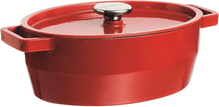 PYREX öntöttvas lábas fedővel, 6 l, 33 × 25 cm, piros