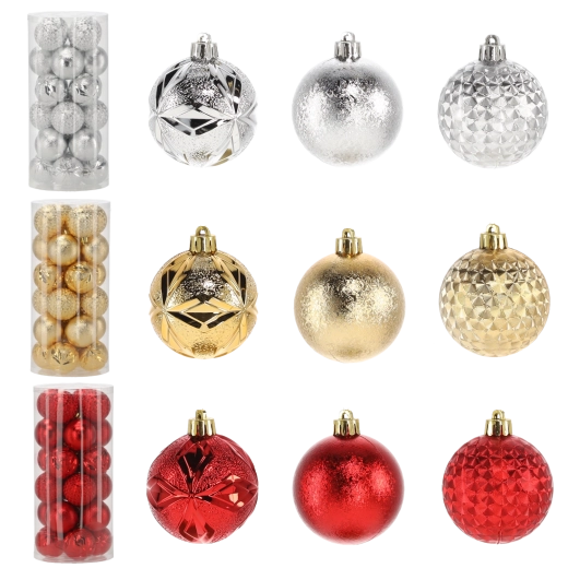24 darabos karácsonyi gömbszett, 6 cm – piros, arany és ezüst, törhetetlen