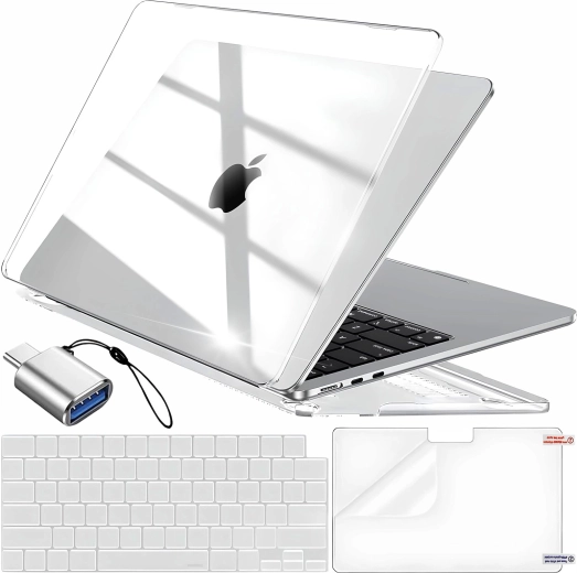 Renew Force átlátszó védőtok MacBook Air 13,6" (M2 2022 / M3 2024 / M4 2025) készülékhez billentyűzetvédővel, kijelzővédő fóliával és USB‑C → USB 3.0 adapterrel - 1 db