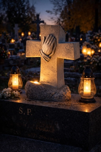 Napelemes LED keresztfigura imádkozó kezek motívumával, 13 cm