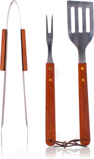 Rozsdamentes acél grill szerszámkészlet fa fogantyúkkal, 3 darabos