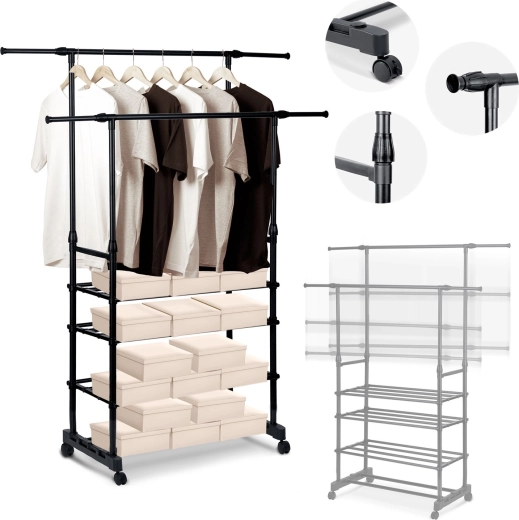 Massido álló ruhafogas, fekete, XXL, állítható magassággal és polcokkal