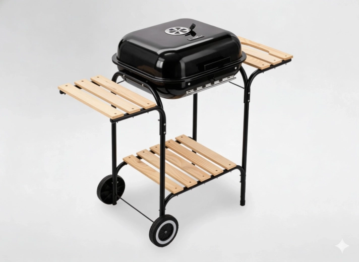 Faszéngrill oldalsó polcokkal és kerekekkel 97,5 × 49 × 82,5 cm