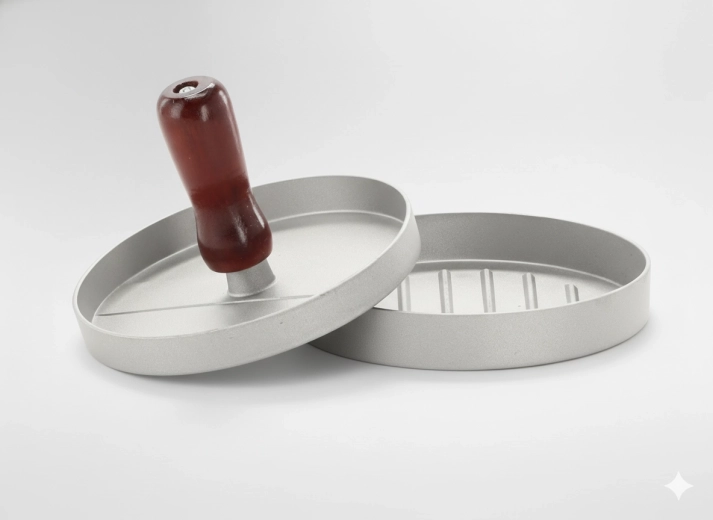 Hamburgerprés fa fogantyúval, 11,8 × 2 × 7,2 cm