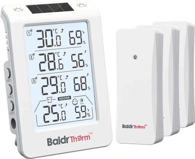 Baldrtherm háromcsatornás termohigrométer automatikus háttérvilágítással