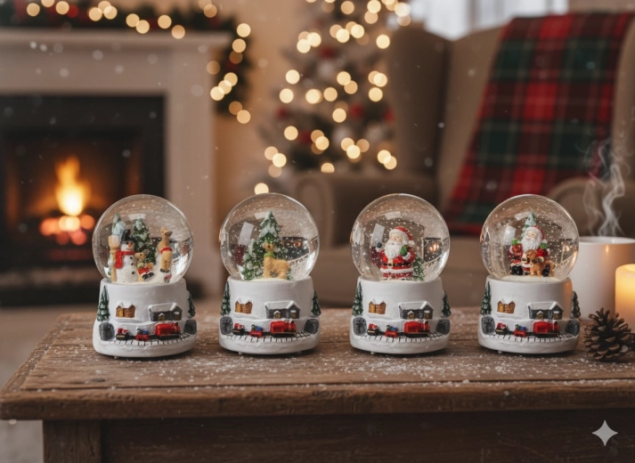 Karácsonyi hógömb – SANTA szánja, fehér, vegyes motívumok 4,5 × 4,5 × 6,5 cm