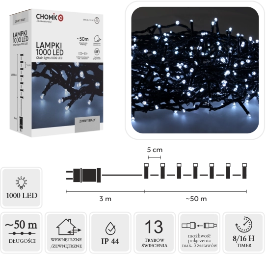 LED karácsonyi fényfüzér 1000 LED, hideg fehér, 53 m (50 m + 3 m)