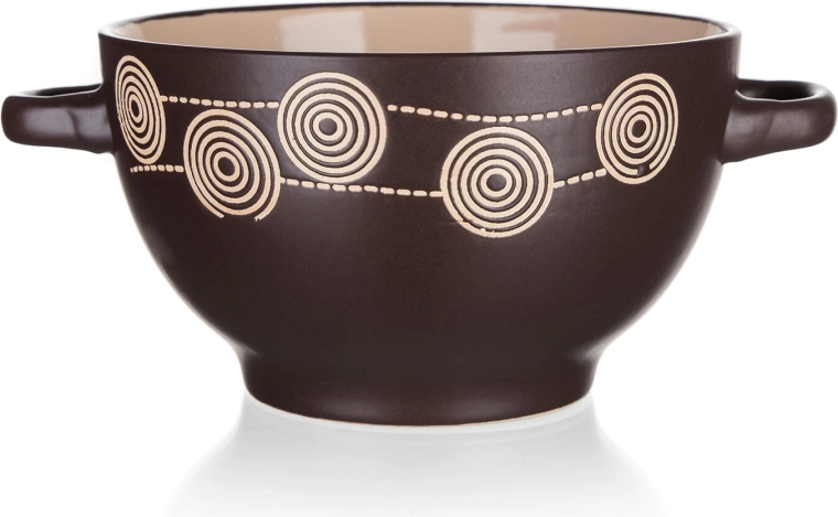 Füles kerámia tál Spirál mintával, 13,5 cm, sötétbarna