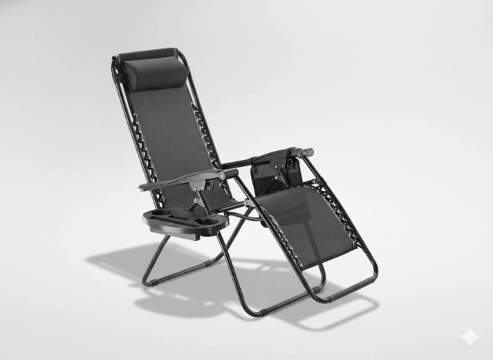 Összecsukható kerti napozóágy tálcával, zsebbel és párnával – fekete