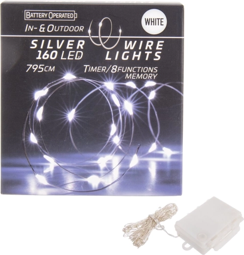 LED fényfüzér vékony dróton 160 LED-del, fehér, időzítővel, beltérre és kültérre