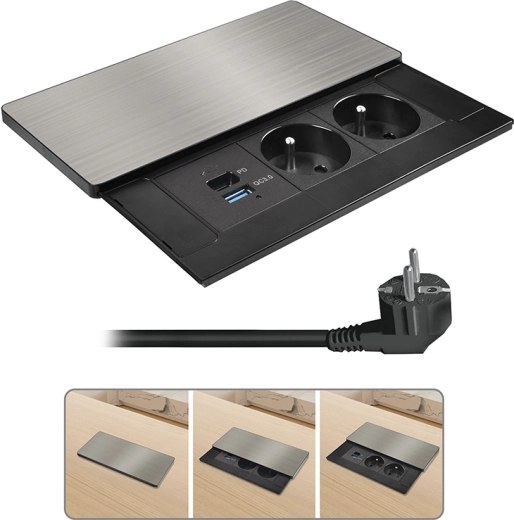 Solight beépíthető asztali konnektorblokk csúsztatható fedéllel, 2× 230 V, USB-A + USB-C 20 W PD, 2 m, ezüst