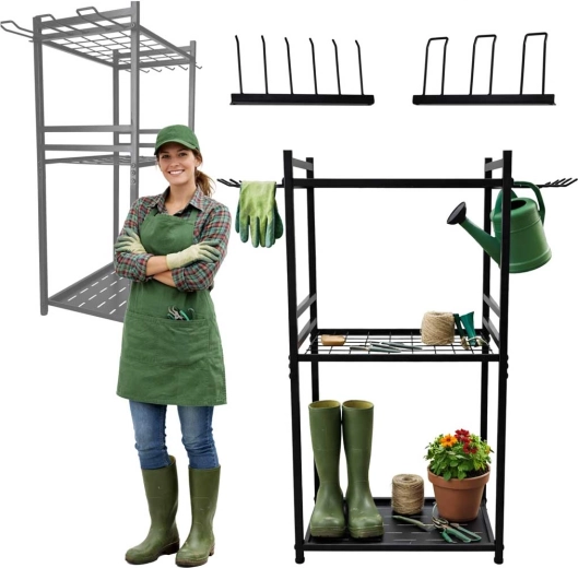 LUARO fém állvány kerti szerszámokhoz akasztókkal és polcokkal
