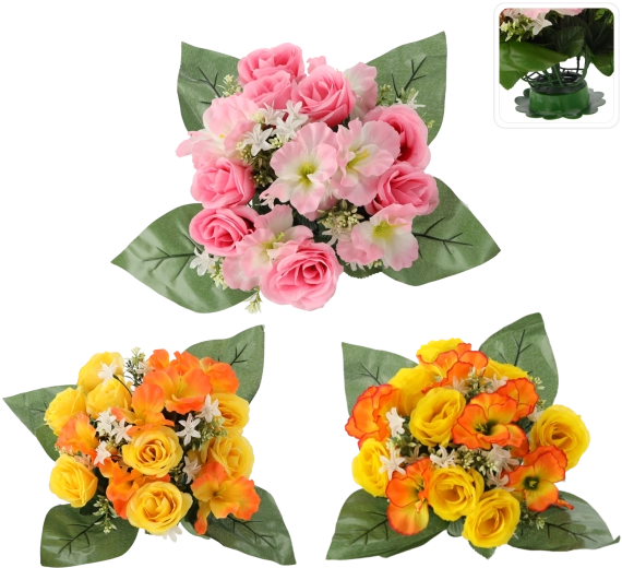 Művirág csokor rózsa és hibiszkusz, vegyes színek, 25 × 28 × 28 cm