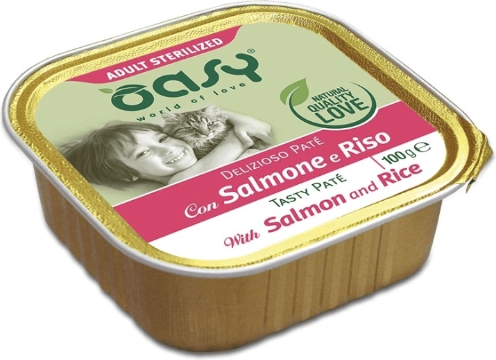 Oasy Tasty Pate ivartalanított macskáknak lazaccal és rizzsel 100 g