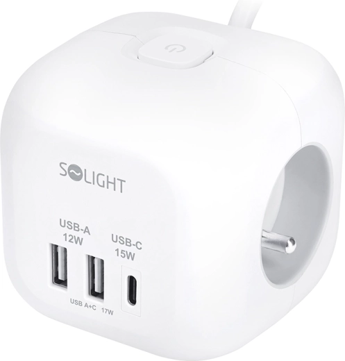 Solight kocka alakú hosszabbító 3 aljzattal + USB-A és USB-C, 2 m-es kábel, fehér