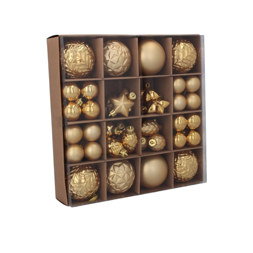 60 darabos karácsonyi dísz szett piros, arany és ezüst színekben