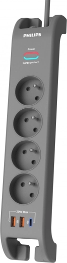 Túlfeszültség-védett hosszabbító 2 m, 4 aljzat, 1× USB‑C, 2× USB‑A, PD 20 W / QC 18 W, 2400 J – Philips