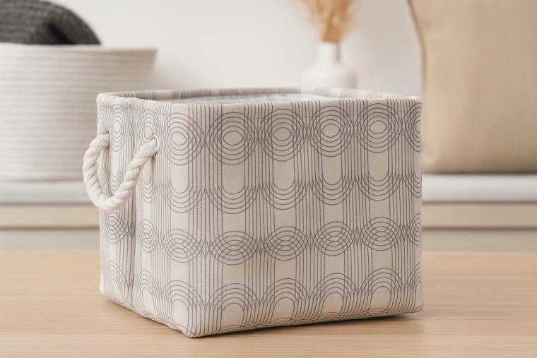 Textil tárolódoboz 30 × 30 × 24 cm geometrikus mintával és kötél fogantyúkkal