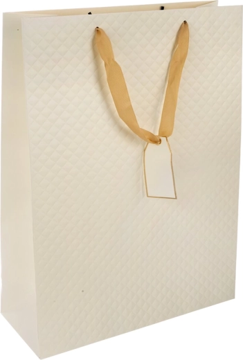Ajándék papírtáska, quilt mintás, bézs, 30 × 12 × 41,5 cm