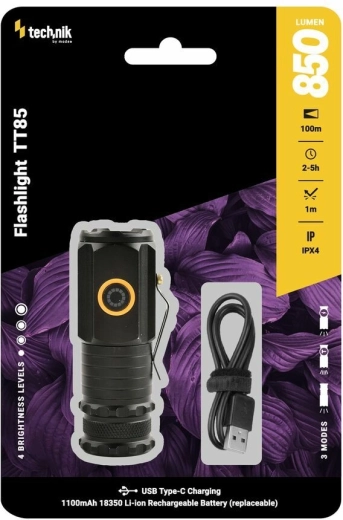 Technik TT85 zseblámpa, 850 lm, 3× LED P35, USB‑C, mágneses talp