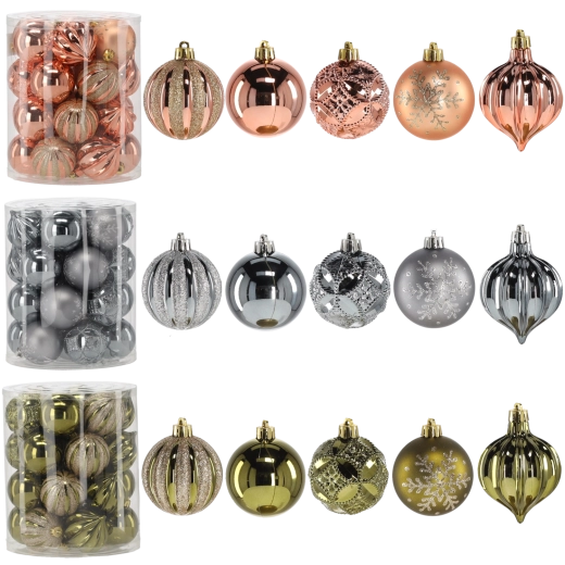 Karácsonyfadísz-készlet 6 cm – olívazöld, réz és grafit, 26 db