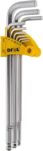 Hosszú gömbvégű imbuszkulcs készlet 1,5–10 mm, 9 darab, DREL