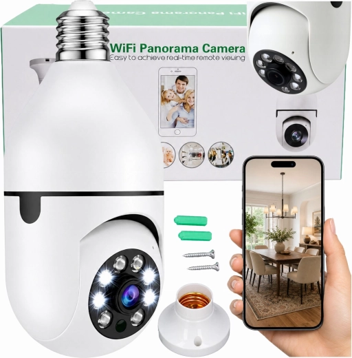 Vezeték nélküli Wi‑Fi IP kamera E27 izzó formában, 30 W, otthoni megfigyeléshez – 1 db