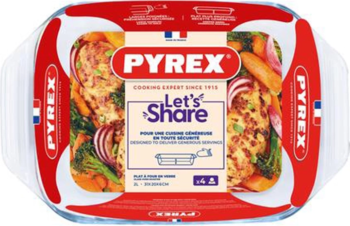 Pyrex üveg tepsi fogantyúkkal, 2 l, bórszilikát 31 × 20 cm