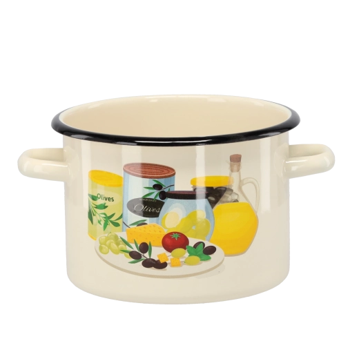 Zománcozott lábas 3 l, 18 cm átmérő, krémszín olívás motívummal
