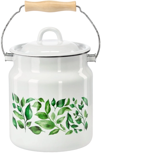 Zománcozott tejeskanna 3,3 l, fa fogantyúval, fehér fikusz mintával
