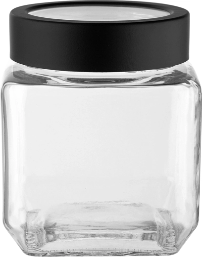 Altom Design négyzet alakú üveg tárolóedény fekete csavaros fedéllel, 500 ml