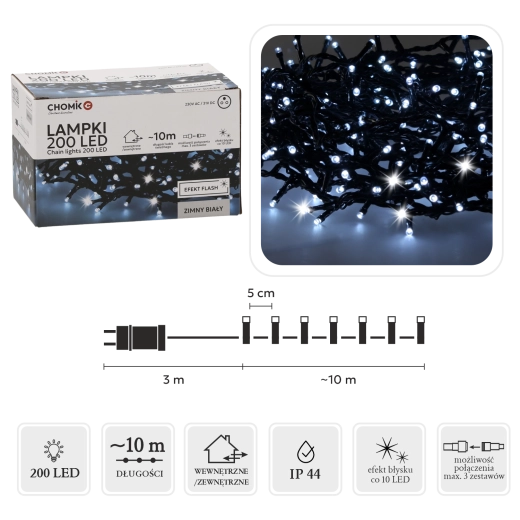 LED fényfüzér 200 LED, hideg fehér villogással, 10 m, beltéri és kültéri