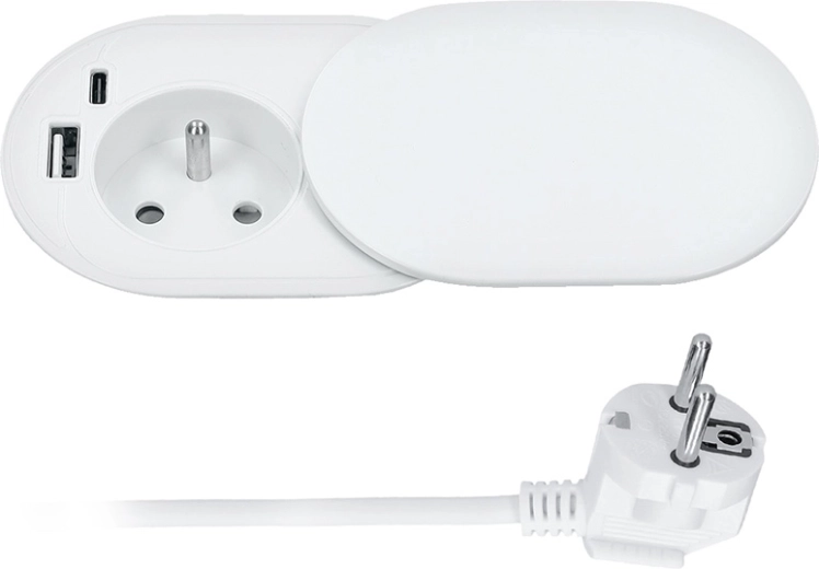 Solight beépíthető 230 V-os aljzat USB-A és USB-C (20 W PD) csatlakozóval, eltolható fedéllel, 2 m, matt fehér