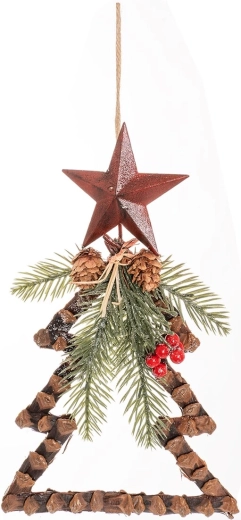 Függő dekoráció – fa csillaggal és természetes díszítéssel, 32 cm