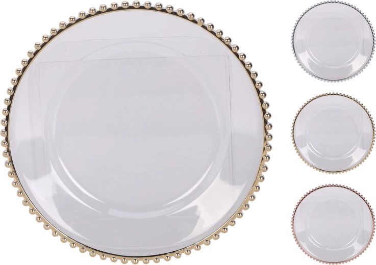 33 cm-es áttetsző, színes szegélyű műanyag tányér